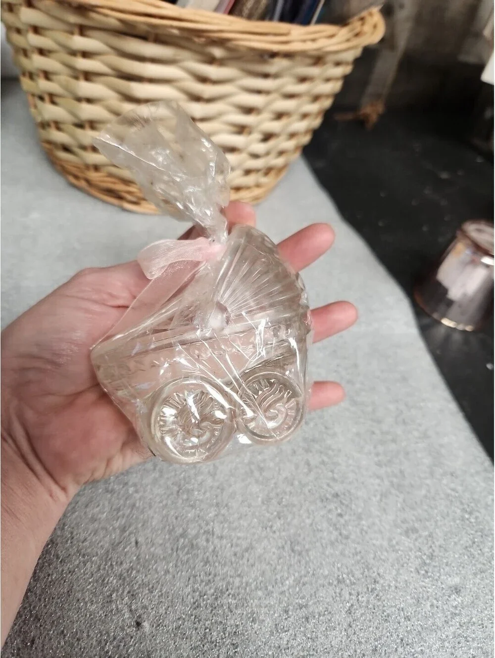Vintage Glass Baby Cradle Candle Holder With Pink Candle And Bowl